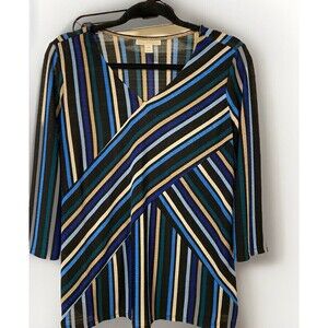 Dana Buchman‎ womens Geometric Striped 3/4 sleeve top Petite Medium NWT MSRP $44